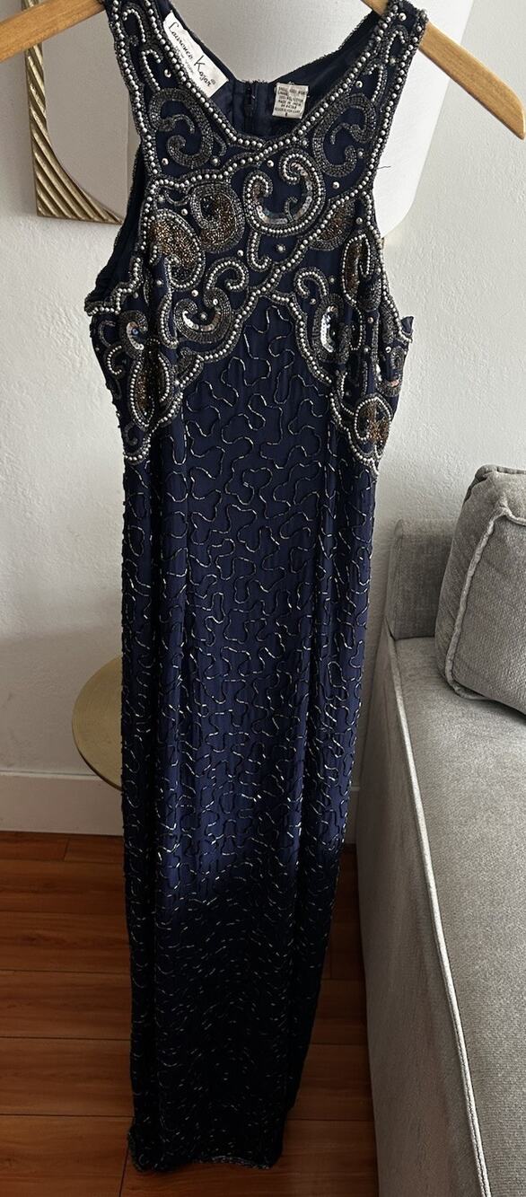 Y2K Laurence Kazar Vtg Dress S Silk Blue Beaded Evening Gown Whimsigoth Fairy